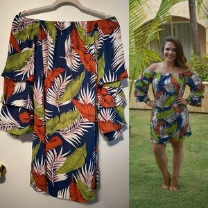 Off The Shoulder Palm Floral Summer Vacation Dress